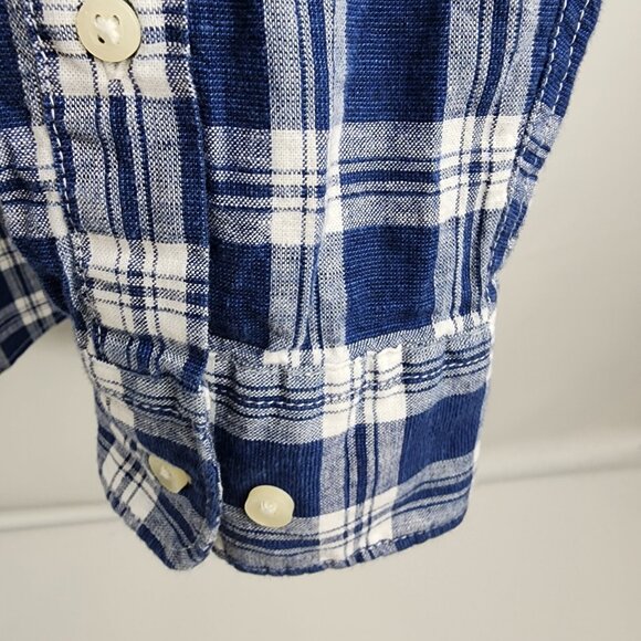 Barbour Shirt Mens Medium Check Tailored Fit Linen Blend L/S Blue Plaid Tartan - Picture 5 of 7